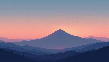 minimalist landscape featuring a silhouetted mountain against a gradient sky, with a small, brightly lit object in the distance. Vector art style, flat colors, subtle lighting