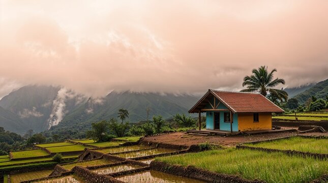 Typical Indian style home amidst paddy fields, mountains & waterfall during monsoon season in coastal or mountainous region of India. Image created through AI