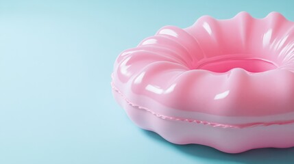 A close-up of a pink doughnut-shaped inflatable floating on a cool light blue backdrop, the soft curves and bright colors highlighting a fun and trendy summer aesthetic. 