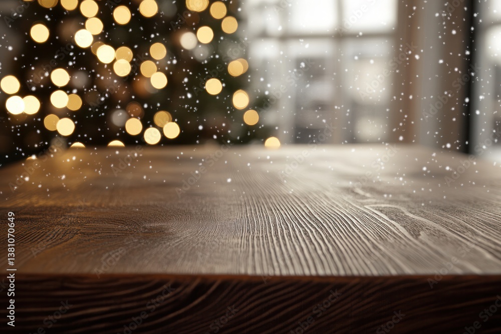 Poster a close-up of an empty wooden table top with a smooth, natural finish, surrounded by soft bokeh ligh