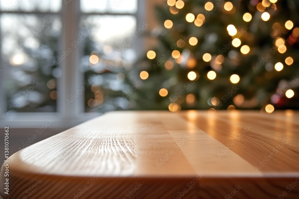 Poster a close-up of an empty wooden table top with a smooth, natural finish, surrounded by soft bokeh ligh