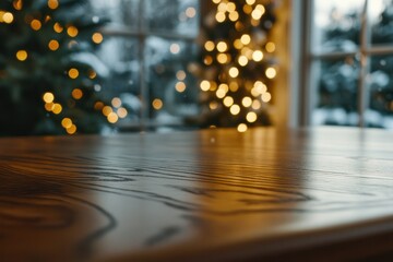 Fototapeta premium A close-up of an empty wooden table top with a smooth, natural finish, surrounded by soft bokeh lights from a Christmas tree in the background. Snow is gently falling outside the window