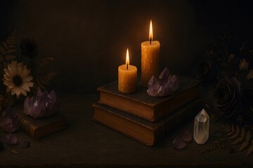 Vintage still life with burning candles, old books, amethyst crystals, and dried flowers in dark mystical setting, evoking a sense of magic, ritual, and timeless enchantment