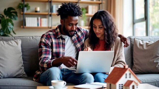 Multiethnic couple, young adult African American man and Latina woman using laptop to search for a house online, young diverse couple looking to buy a new residence, home insurance or mortgage loan