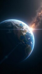 Fototapeta premium The earth with a bright sun in the background creating a stunning cosmic scene that evokes a sense of wonder and beauty in a surreal cinematic style of space exploration