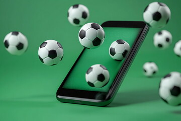 Soccer ball appearing on smartphone screen with green background, demonstrating sports betting concept, online soccer gaming platform, mobile betting service and game analysis.
