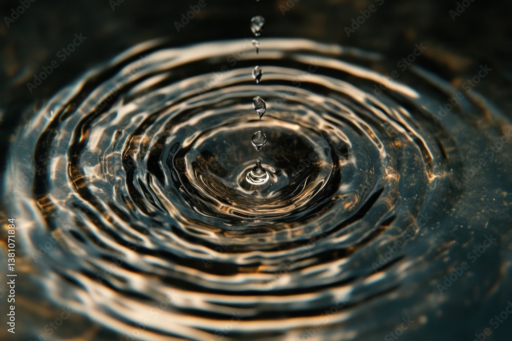 Poster a close-up view of a single clear water drop falling into a calm body of water, creating circular ri