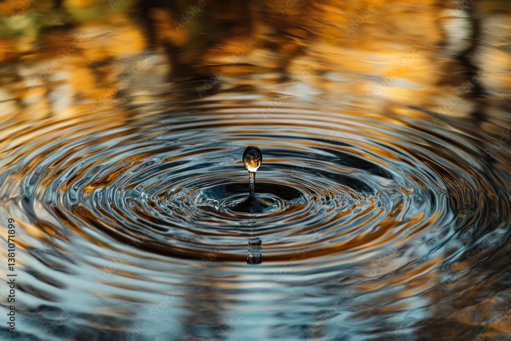 Poster a close-up view of a single clear water drop falling into a calm body of water, creating circular ri