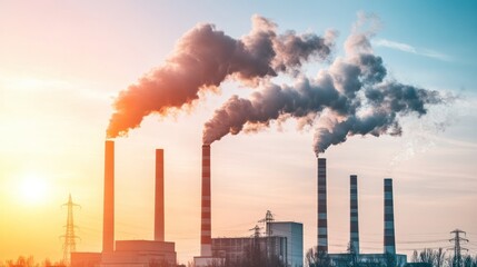 A close-up view of a group of coal-fired power plant chimneys emitting dense plumes of carbon dioxide into the air with a hazy