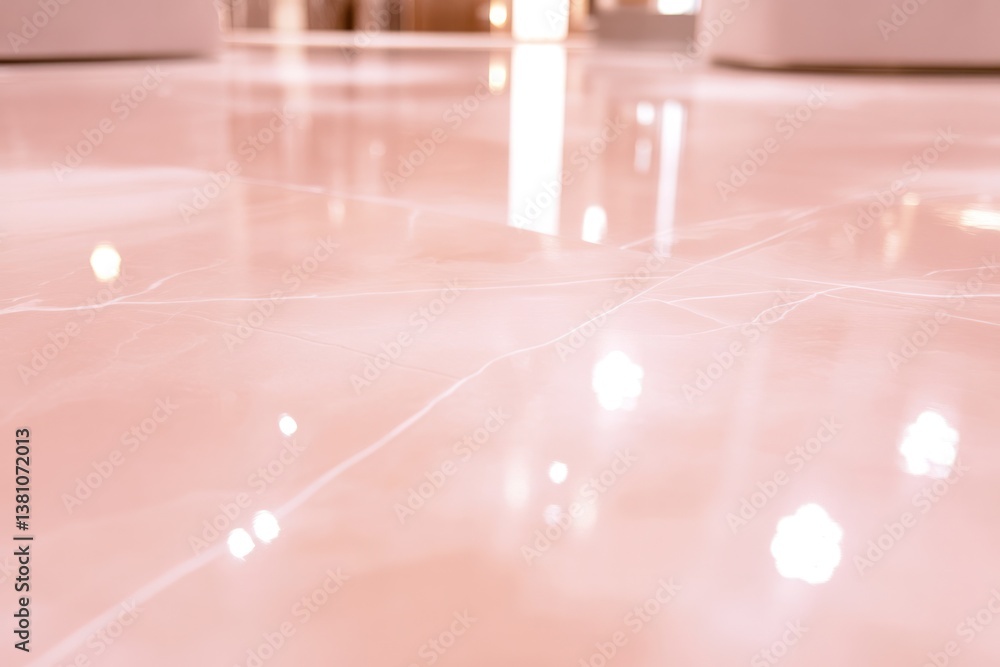 Poster a close-up view of a smooth, polished light pink floor with delicate reflections from overhead light