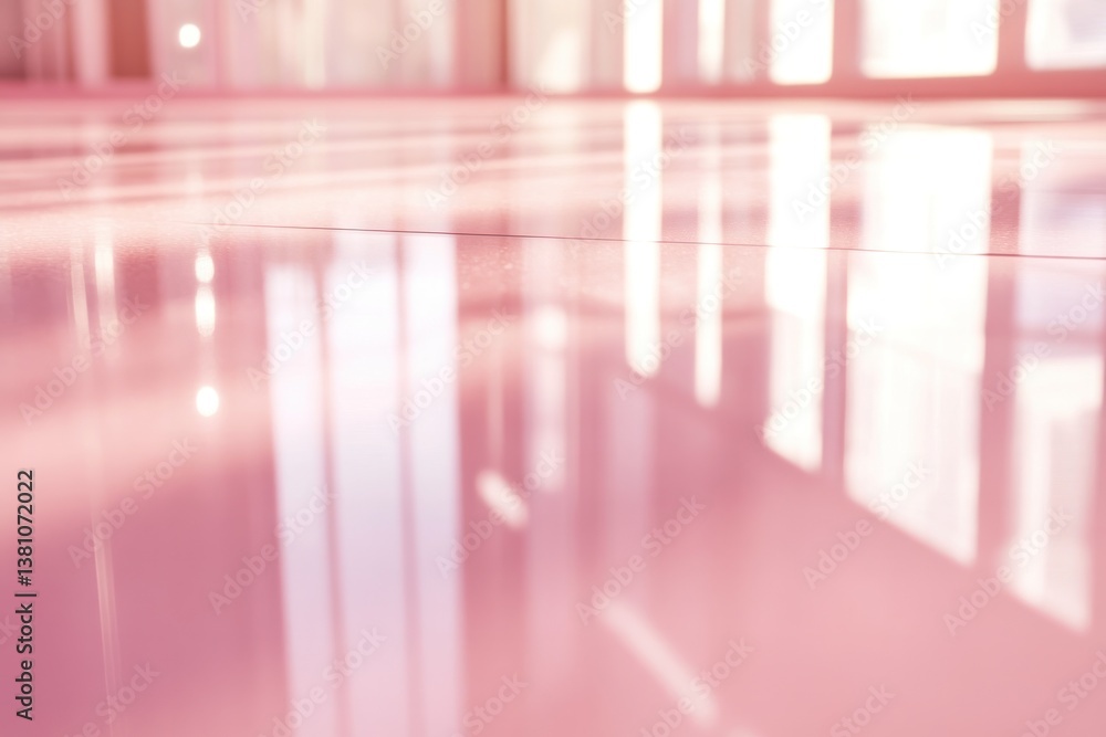 Poster a close-up view of a smooth, polished light pink floor with delicate reflections from overhead light