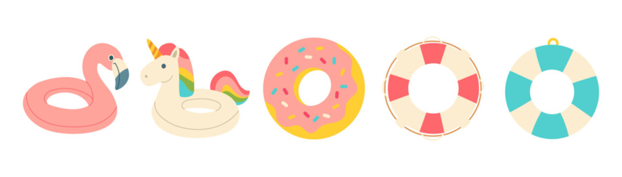 A row of cartoonish pool toys including a unicorn float, a donut float, and a life preserver