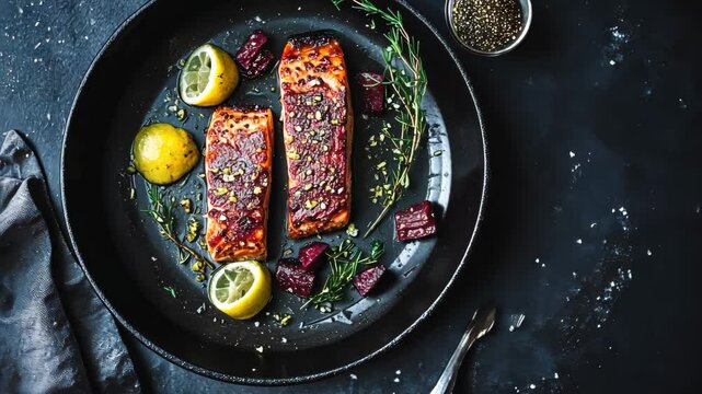 Delicious salmon dish with lemon and herbs in elegant presentation on black plate