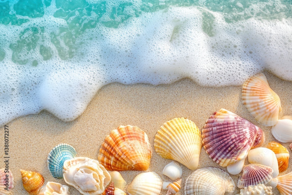 Poster a close-up view of colorful seashells scattered across the sandy shoreline with gentle waves rolling