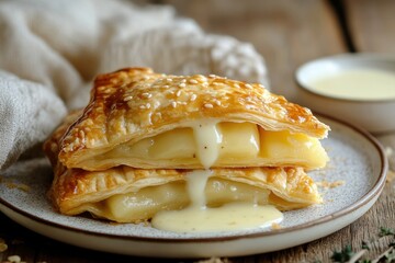 Golden puff pastry with melting cheese and sesame seeds on plate