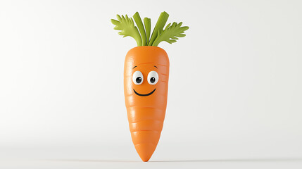 Minimal and cute 3D cartoon carrot standing upright with a friendly smiling face and leafy green top.