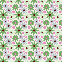 Stylized Floral and Pink Circle Pattern on Light Green Background