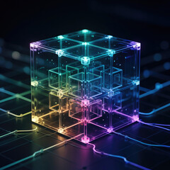 Futuristic Luminous Cube: Neon 3D Abstract Technology Design