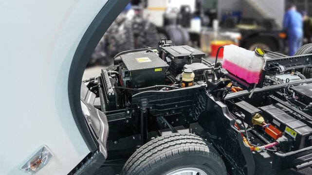Electric truck in car service. Electric vehicles maintenance	