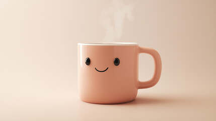 Soft pastel pink 3D cartoon coffee mug with a cute smiling face and gentle steam, radiating calm and whimsical charm.