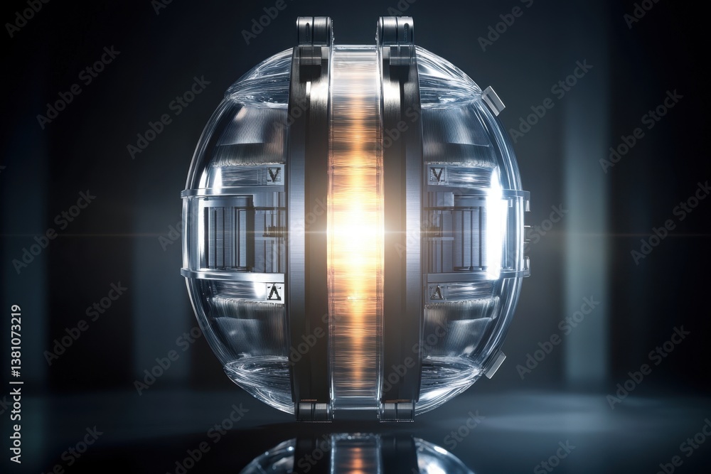Poster futuristic energy generator showcasing intricate design and glowing core in dark environment