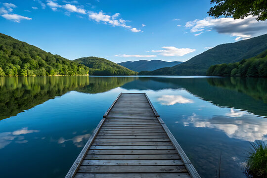 The image could be aptly named Serene Lake in the Mountains with Pier and Reflection This title captures the natural landscape, including the lake, mountains, water reflection, and key elements like t
