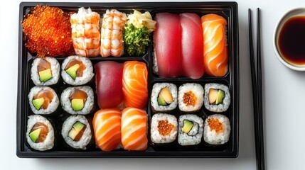 Assorted Sushi Platter with Nigiri, Maki Rolls, and Wasabi