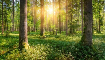 panorama of a wild forest in summer with bright sun shining through the trees