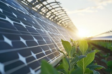 Solar panels harnessing energy alongside thriving green plants at sunset in a renewable farm