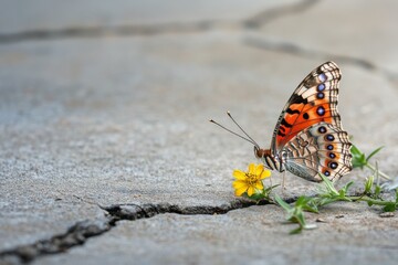 Close-up of a butterfly resting on a wildflower growing between cracks in a concrete sidewalk