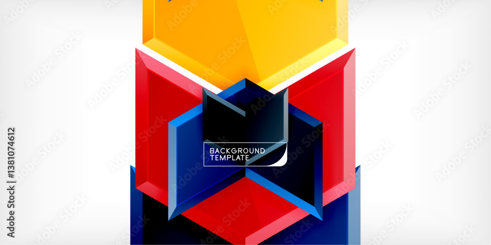 Poster bright geometric shapes create abstract design. red, blue, yellow colors dominate composition. moder