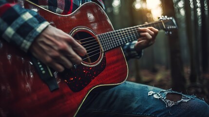 Obraz premium Man plays guitar in forest. Sunlight filters through trees. Music ad, travel blog, or nature connection