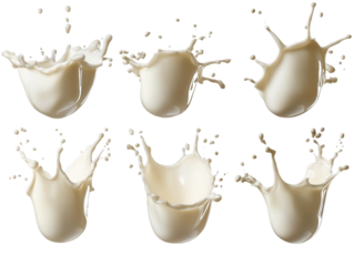 Eight Creamy White Milk Splashes on Transparent Background, PNG