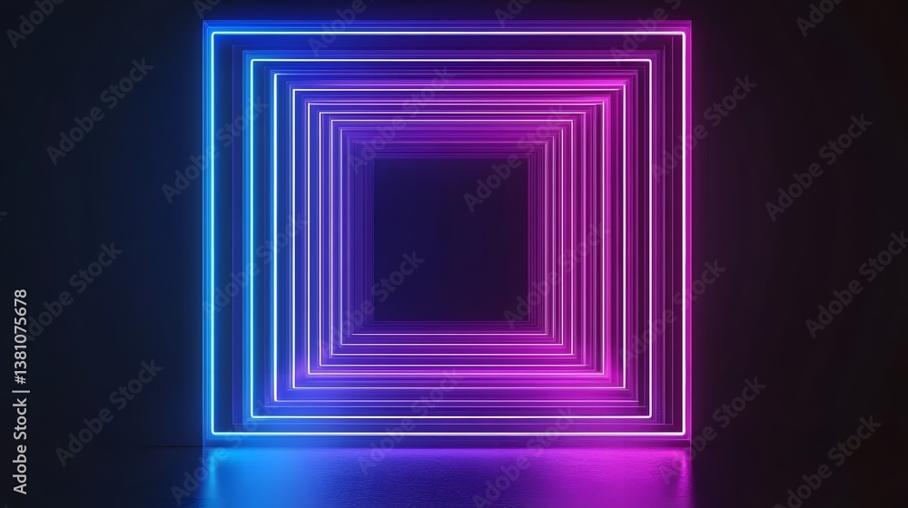 Poster illuminated square layers create an optical illusion inside a dark room
