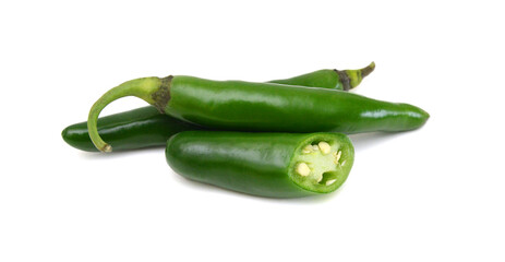 Green chilies (jalapeno) on white background 