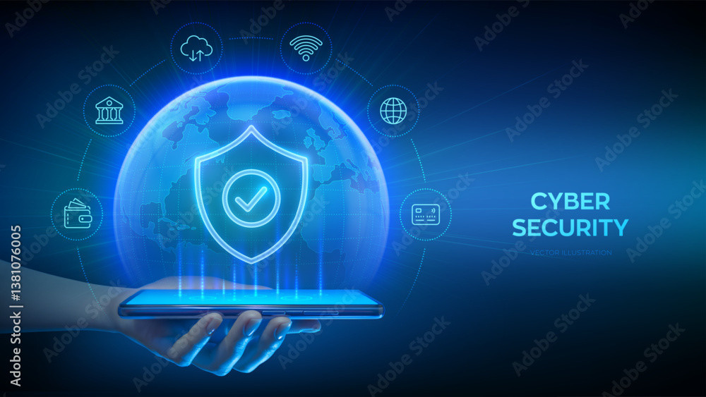 Poster cyber security and protection smartphone. protection shield with check mark icon. secure internet co