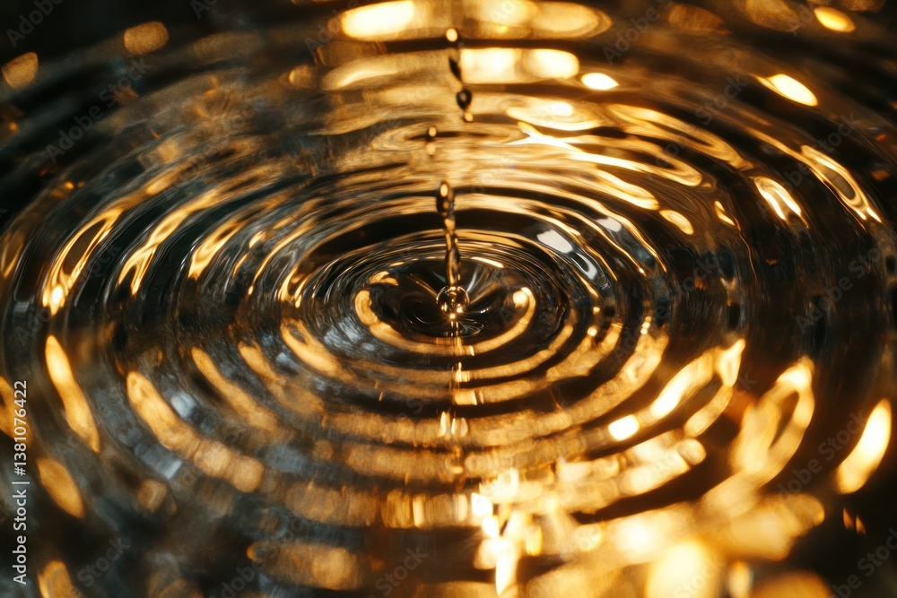 Poster a macro shot of a droplet of water falling into a glass surface, with the resulting circular ripples