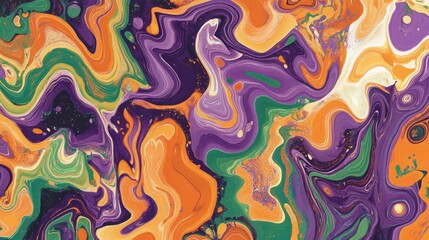 A mesmerizing abstract background featuring swirling patterns of purple, orange, and green, forming a colorful display that adds depth and interest.
