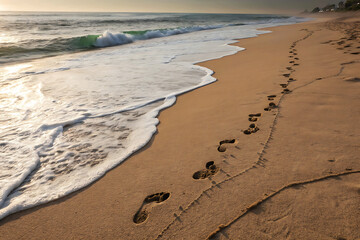 Footprints on the sandy beach with ocean waves in the background