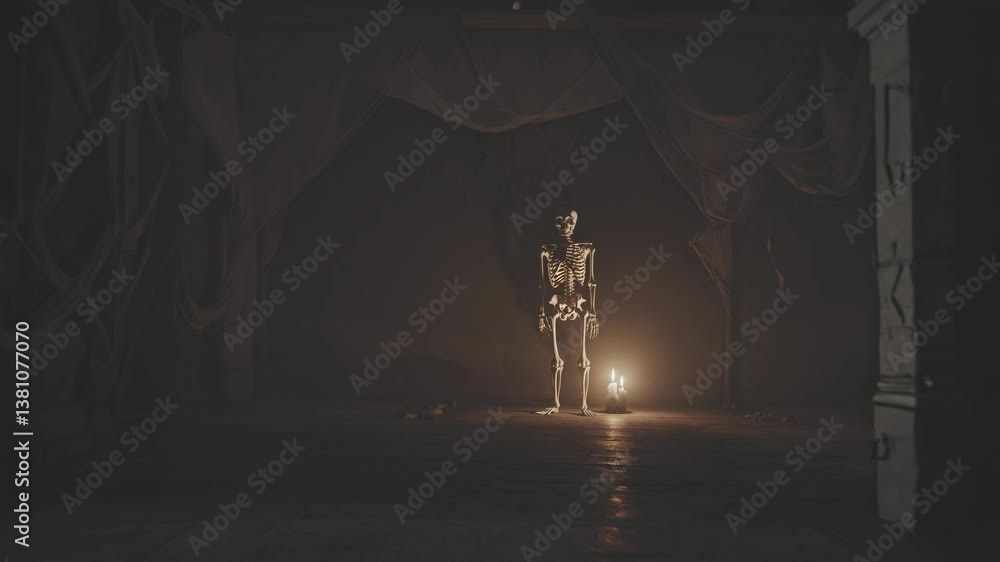 Poster a dimly lit video scene with a skeleton standing near a candle. shot from a low angle, creating a my