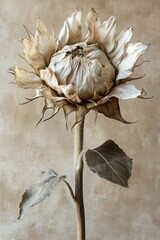 close-up of a single sunflower head against a warm beige background rich textures and soft natural lighting intricate petal details 