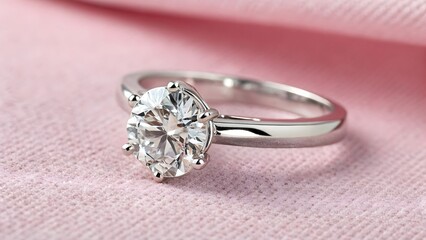 Sparkling diamond engagement ring with a brilliant cut stone set in a polished platinum band, resting delicately on a soft pink fabric surface, captured with shallow depth of field.