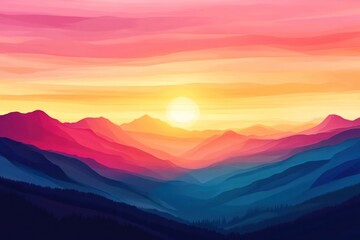 Obraz premium A panoramic view of the sun rising over a vast mountain range, casting vibrant streaks of pink, orange, and gold across the sky. The rugged landscape is silhouetted against the colorful horizon