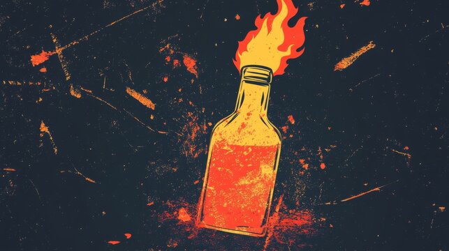 Fiery hot sauce bottle illustration with flames for bold branding