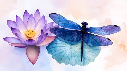 Fototapeta premium A serene watercolor painting depicts a vibrant purple lotus flower alongside a delicate blue dragonfly resting on a matching lily pad.