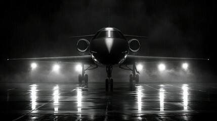 Fototapeta premium Night Flight: Private Jet on Rainy Runway