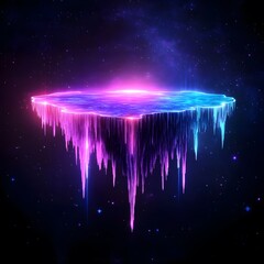 A vibrant floating island with glowing neon edges and a tranquil pool of water hovers in a vast cosmic expanse of nebulae and twinkling stars.
