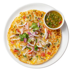 South Indian vegetable uthappam topped with onions, tomatoes, and chilies