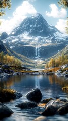  Majestic Snow-Capped Mountain Reflecting Autumn Foliage and Waterfall in Serene Lake