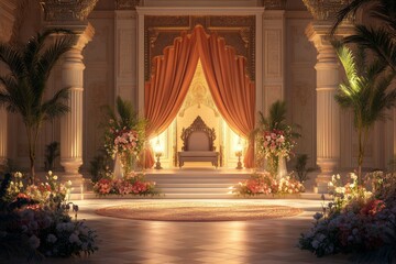 Ornate Indian Palace Throne Room Decorated for Ceremony